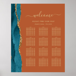 Teal Guld Agat Rost 12-Bords Bröllops Sittplatser Poster