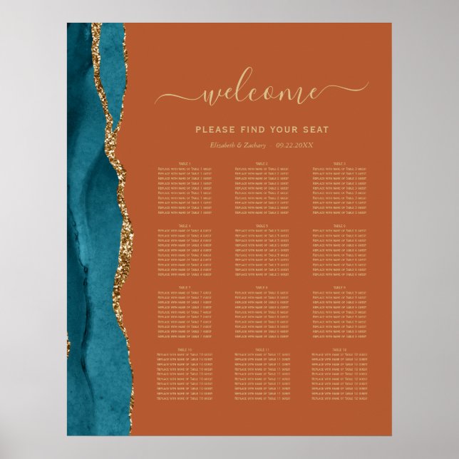 Teal Guld Agat Rost 12-Bords Bröllops Sittplatser Poster (Framsidan)