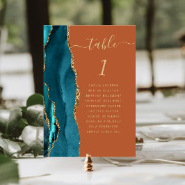 Teal Guld Agate Burnt Orange Bröllop Bordsnummer