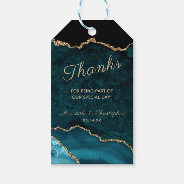Teal Guld Agate Geode Tack Bröllop Presentetikett (Framsidan)