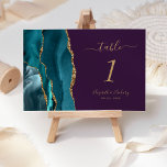 Teal Guld Agate Lila Bröllop Bordsnummer<br><div class="desc">Det moderna kortet för bordsnummer i bröllop,  som är lämnat kant i eleganten,  har en tårblått vattenfärgsagat i gräns som trimmas med faux guld glitter. Med anpassadet kombinerar du handskrift,  kursiv och sammanfogad typsnitt med guld färgad mot lila bakgrund.</div>
