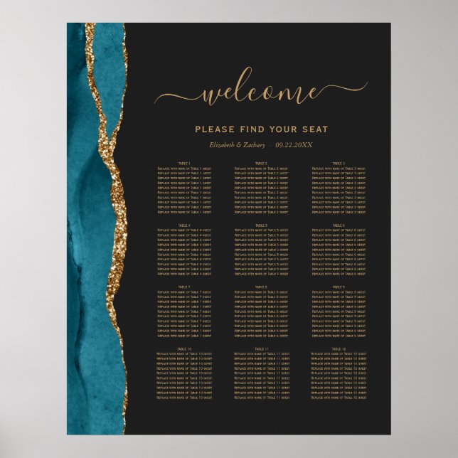 Teal Guld Agate Mörk 12-Bord Bröllop säten Poster (Framsidan)