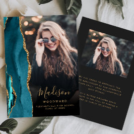 Teal Guld Agate Mörk Photo Grad Announcement Inbjudningar