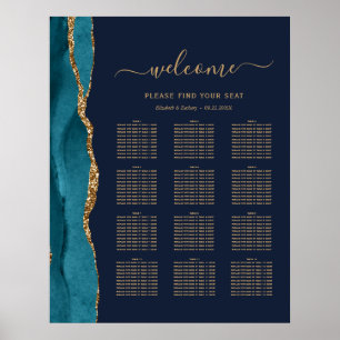 Teal Guld Agate Navy Blue 12-Bord Bröllop Seating Poster