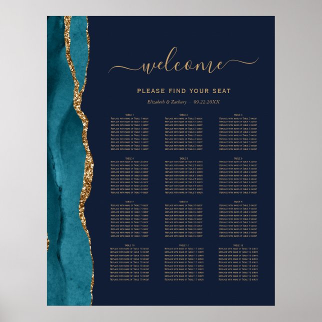 Teal Guld Agate Navy Blue 12-Bord Bröllop Seating Poster (Framsidan)