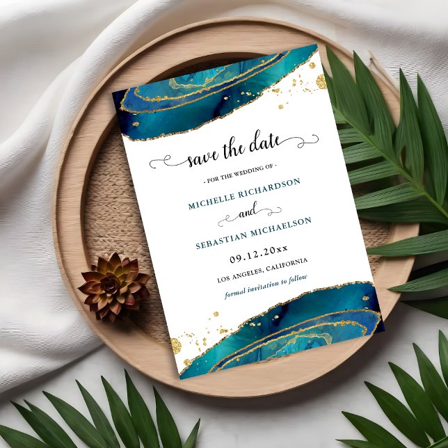 Teal Guld Agate Spara datum Inbjudningar (Teal Gold Agate Save The Date Invitation)