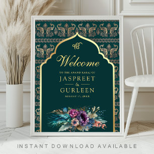 Teal Guld Anand Karaj Bröllops Välkomstskylt Poster