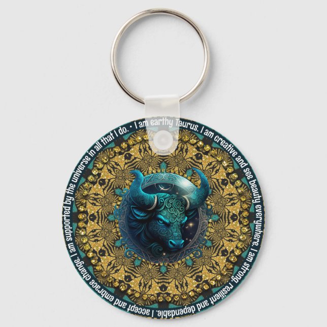 Teal+Guld Astrology Affirmations Taurus Zodiac Nyckelring (Framsida)