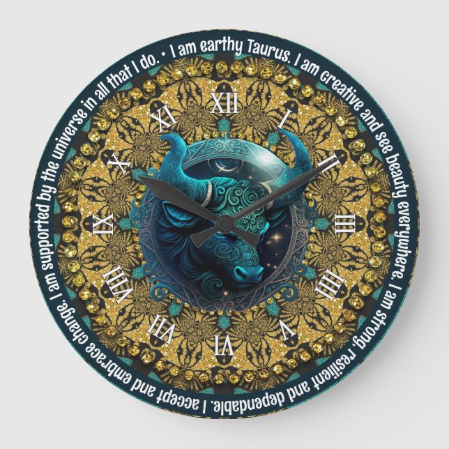 Teal+Guld Astrology Affirmations Taurus Zodiac Stor Klocka (Framsida)