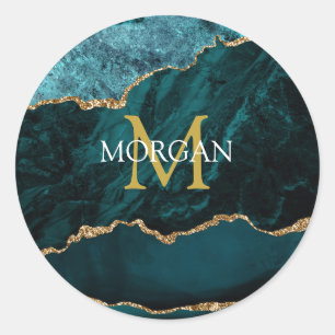Teal Guld Black Agate, Namn & Monogram, Guld White Runt Klistermärke