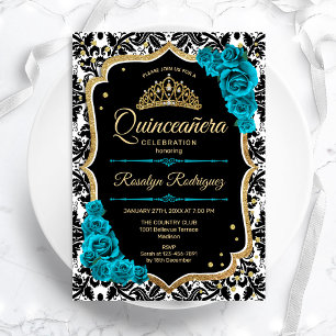Teal Guld Black Damask Elegant Quinceanera Inbjudningar