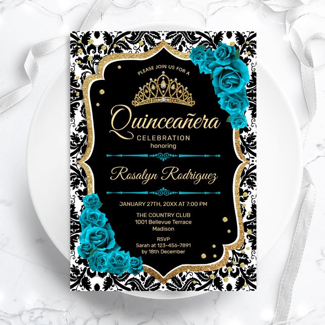 Teal Guld Black Damask Elegant Quinceanera Inbjudningar (Skapare uppladdad)