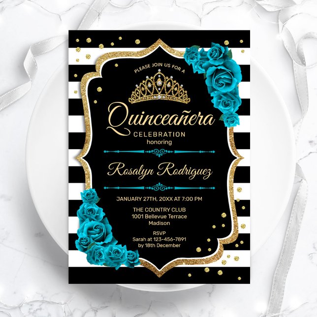 Teal Guld Black Elegant Quinceanera Inbjudningar (Skapare uppladdad)