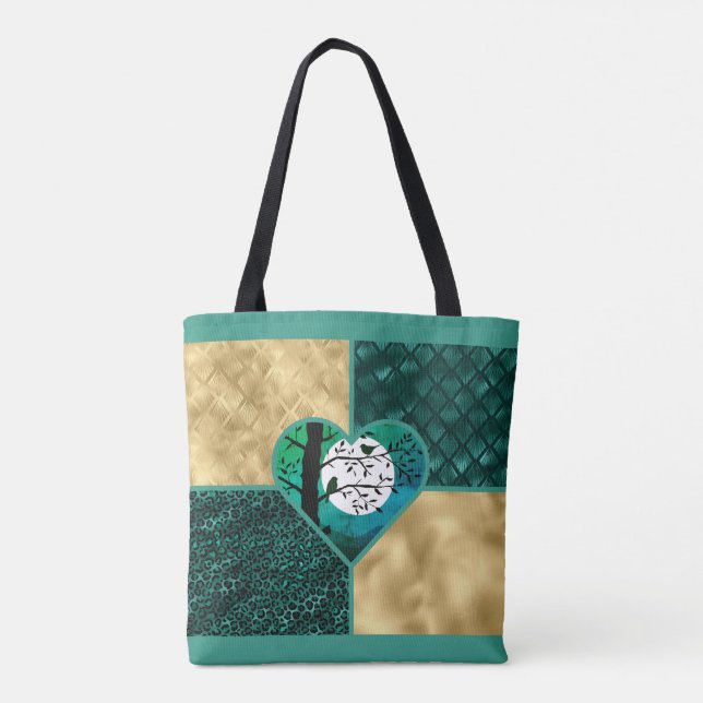 Teal, Guld & Black Moonlight Birds Tygkasse (Baksida)