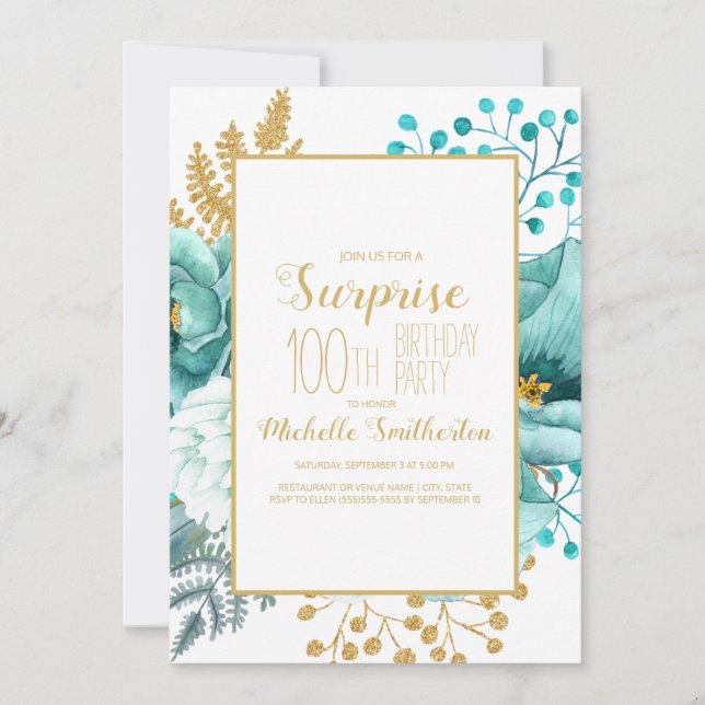Teal Guld Blommig 100-årsdag Inbjudningar (Framsida)