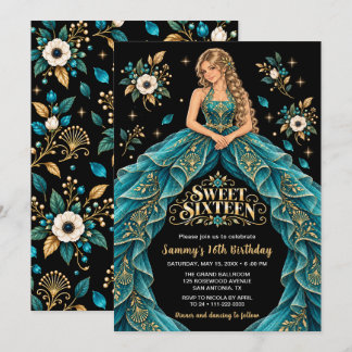 Teal Guld Blommig Sweet Sixteen Födelsedag Inbjudningar