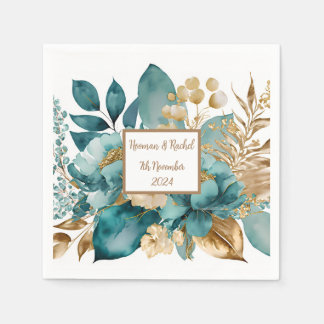 Teal & Guld Blommigt Bröllop Napkins Pappersservett