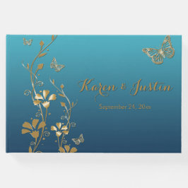 Teal, Guld Blommigt, Butterflies Bröllop Guestbook Gästböcker