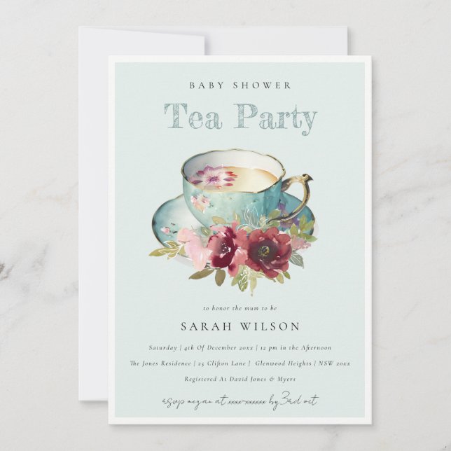 Teal Guld Blommigt Tekopp Baby Shower Tea Party Inbjudningar (Framsida)