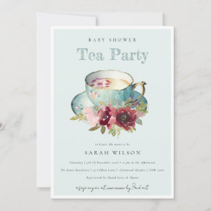 Teal Guld Blommigt Tekopp Baby Shower Tea Party Inbjudningar