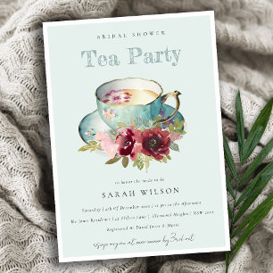 Teal Guld Blommigt Tekopp Möhippa Tea Party Inbjudningar