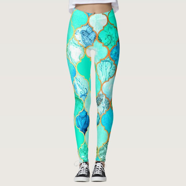 Teal, Guld, Blue Grönt Sjöjungfru Mönster Leggings (Framsida)
