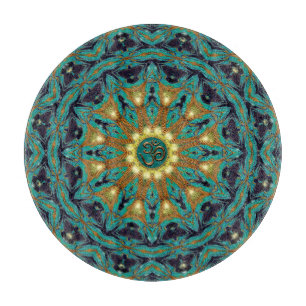 Teal Guld Bohemian Mandala OM Yoga Round Cushion
