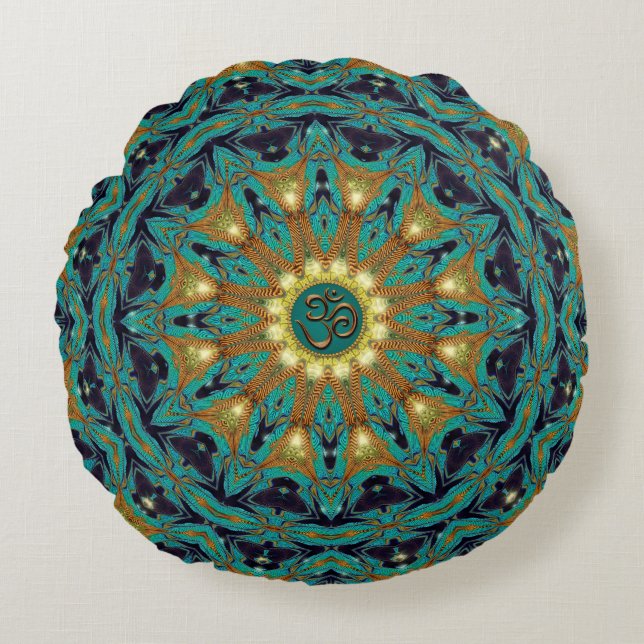 Teal Guld Bohemian Mandala OM Yoga Round Cushion Rund Kudde (Framsidan)