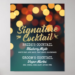 Teal Guld Bokeh Light Bröllop Namnteckning Drink M Poster
