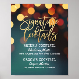 Teal Guld Bokeh Light Bröllop Namnteckning Drink M Poster