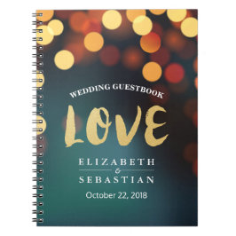 Teal Guld Bokeh String Ljus Bröllop Guestbook Anteckningsbok Med Spiral