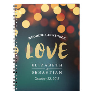 Teal Guld Bokeh String Ljus Bröllop Guestbook Anteckningsbok Med Spiral
