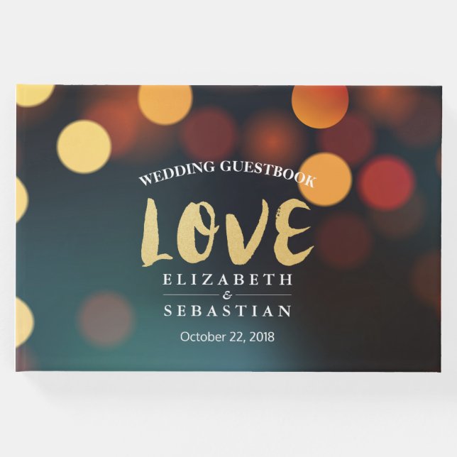 Teal Guld Bokeh String Ljus Bröllop Guestbook Gästböcker (Framsida)