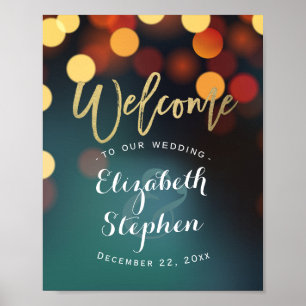Teal Guld Bokeh Välkomstbröllopsmottagningsskylt Poster