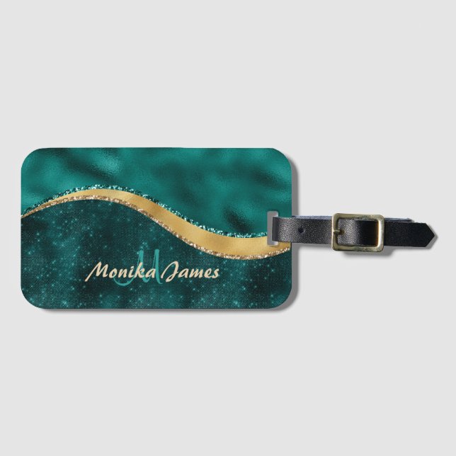 Teal Guld Brushed Metall Monogram Namn och Initial Bagagebricka (Framsida horisontal)
