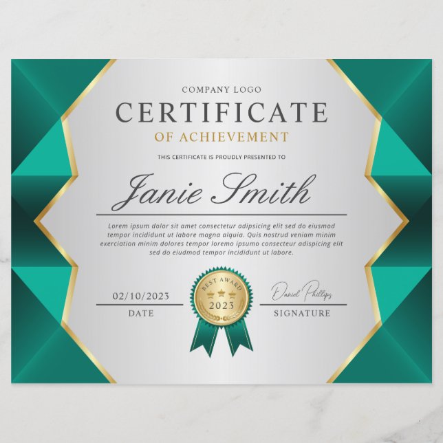 Teal & Guld certifikat för belöning (Framsida)