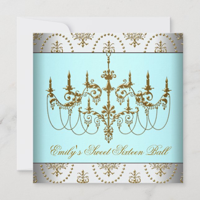 Teal Guld Chandelier Classy Sweet sixteen Boll Inbjudningar (Framsida)