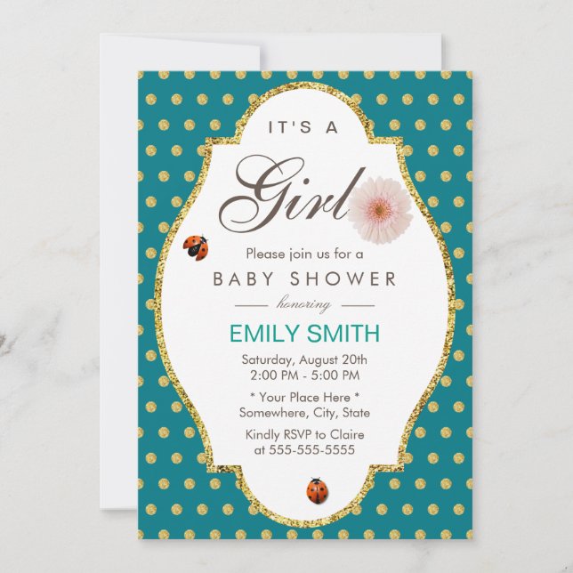 Teal Guld Dots Daisy & Ladybug Girl Baby Shower Inbjudningar (Framsida)