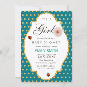 Teal Guld Dots Daisy & Ladybug Girl Baby Shower Inbjudningar