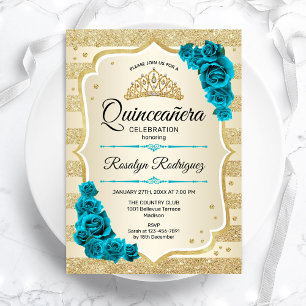 Teal Guld Elegant Blommigt Quinceanera Inbjudningar