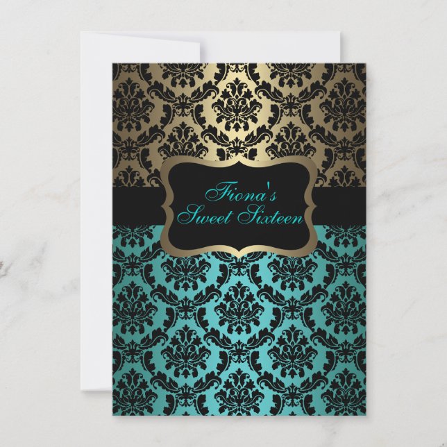 Teal & Guld Elegant Damask Birthday Inbjudan (Framsida)