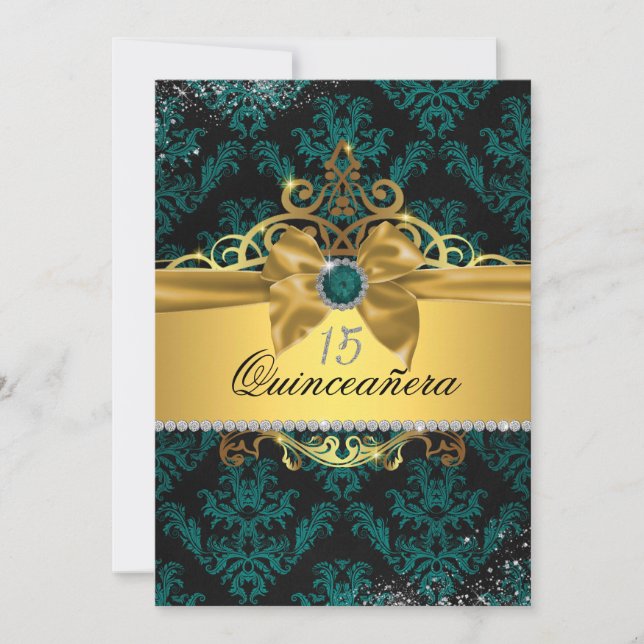 Teal Guld Elegant Damask Quinceanera Inbjudan (Framsida)