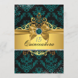 Teal Guld Elegant Damask Quinceanera Inbjudan