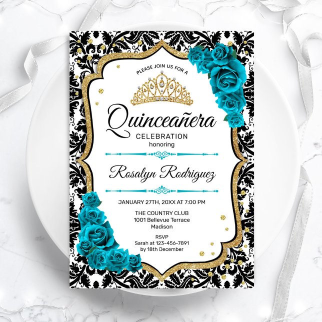 Teal Guld Elegant Damask Quinceanera Inbjudningar (Skapare uppladdad)