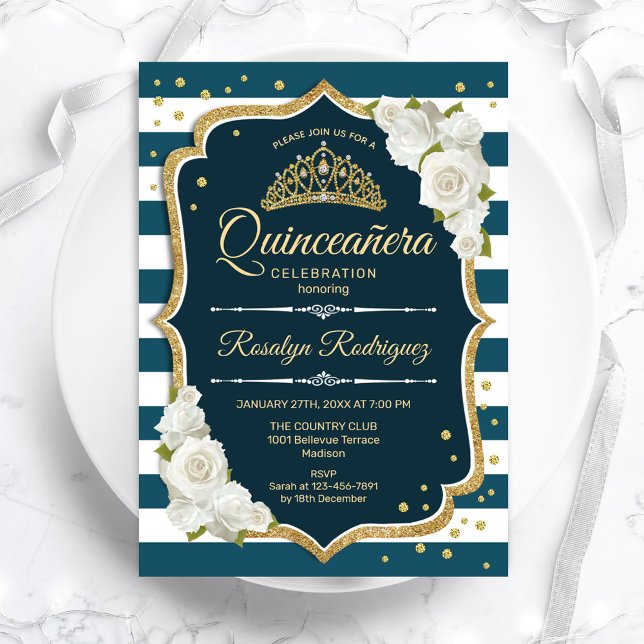 Teal Guld Elegant Quinceanera Inbjudningar (Skapare uppladdad)