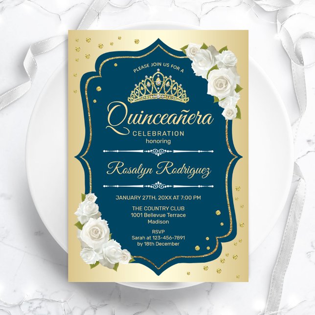 Teal Guld Elegant Quinceanera Inbjudningar (Skapare uppladdad)