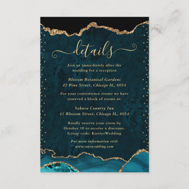 Teal & Guld Falsk Glitter Agat Bröllopsdetaljer Tilläggskort (Framsida)