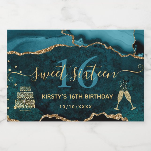 Teal & Guld Falskt Glitter Agat Marmor Sweet 16 (Enkel etikett)