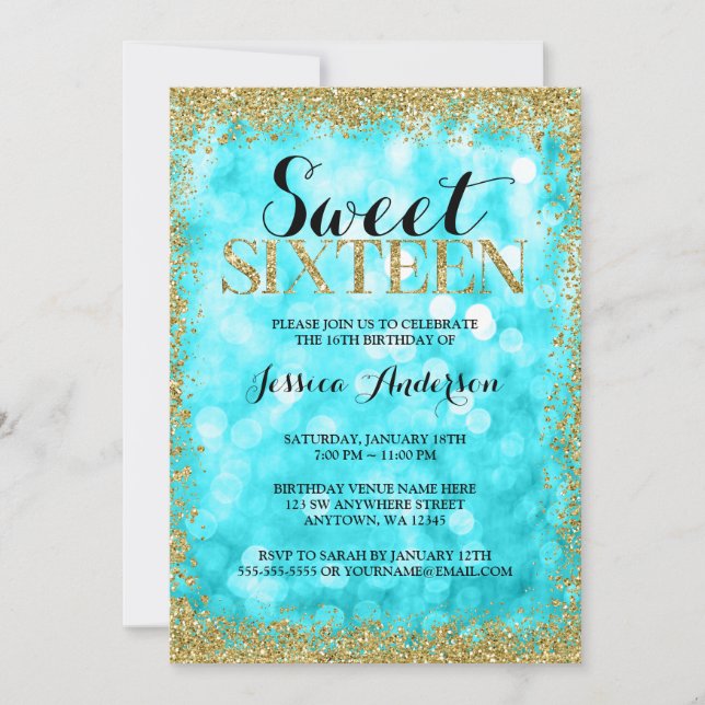 Teal Guld Faux Glitter Ljus Sweet 16 Birthday Inbjudningar (Framsida)