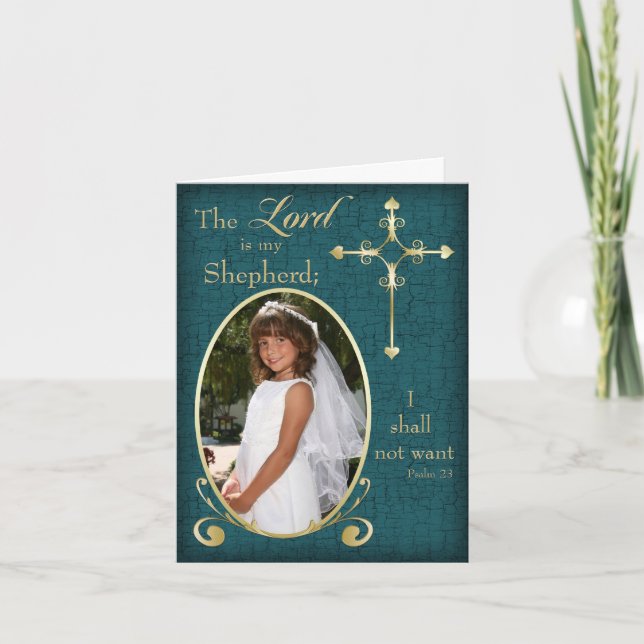 Teal Guld First Communion Photo Tackto You Card Tack Kort (Framsida)